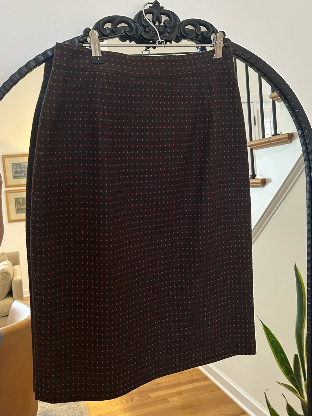 Vintage Lined Brownish/Black Pencil Skirt with Tiny Burnt Orange Dot Pattern